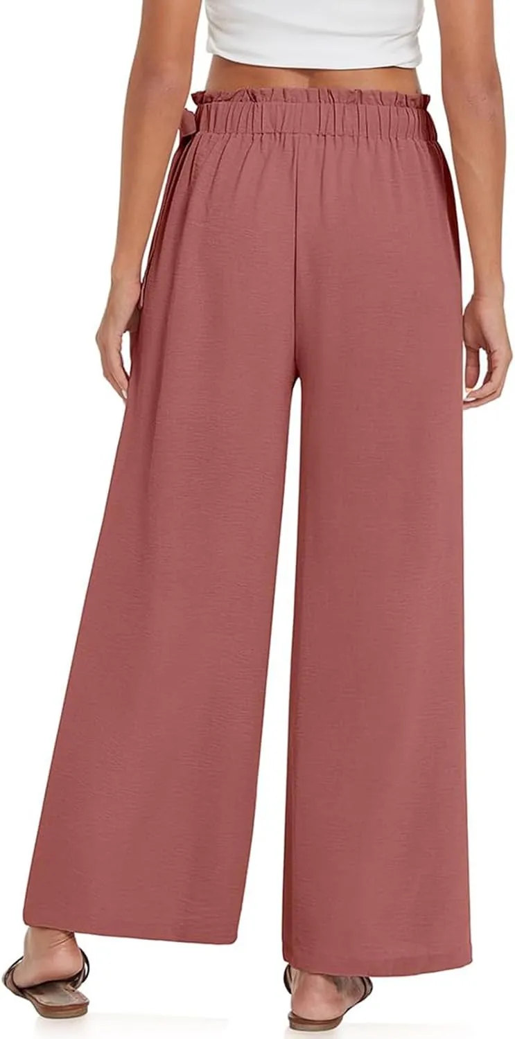 Linen Pants for Women High Waist Wide Leg Pants Loose Fit Palazzo Pants Summer Beach Trousers with Pockets