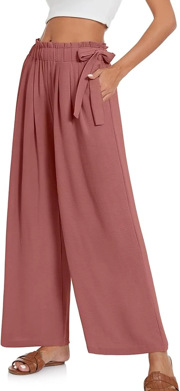 Linen Pants for Women High Waist Wide Leg Pants Loose Fit Palazzo Pants Summer Beach Trousers with Pockets