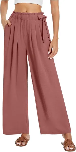 Linen Pants for Women High Waist Wide Leg Pants Loose Fit Palazzo Pants Summer Beach Trousers with Pockets