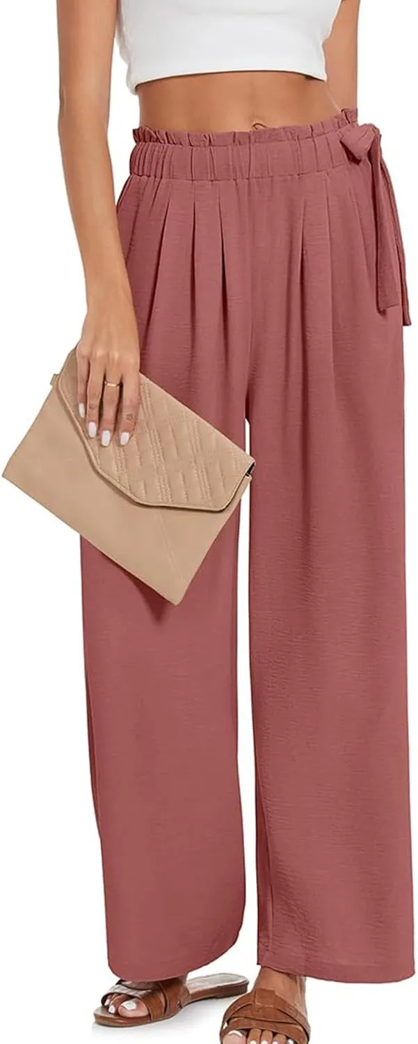 Linen Pants for Women High Waist Wide Leg Pants Loose Fit Palazzo Pants Summer Beach Trousers with Pockets