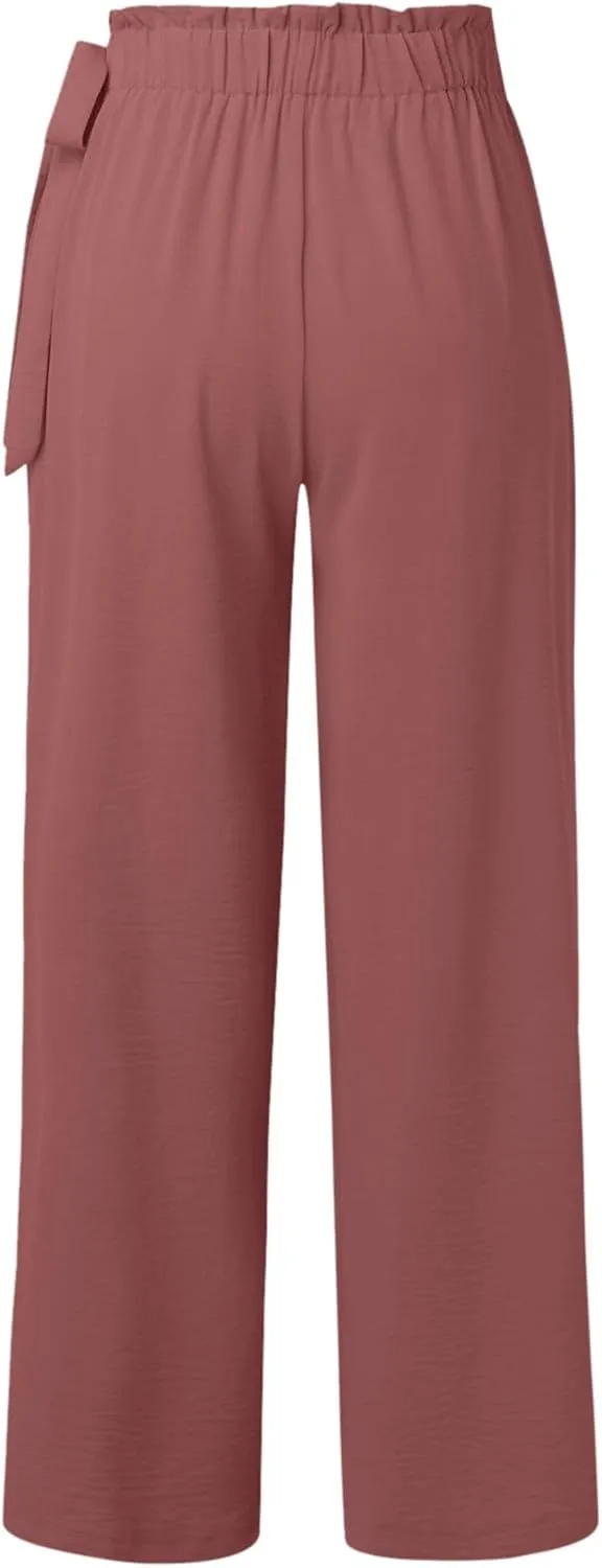 Linen Pants for Women High Waist Wide Leg Pants Loose Fit Palazzo Pants Summer Beach Trousers with Pockets