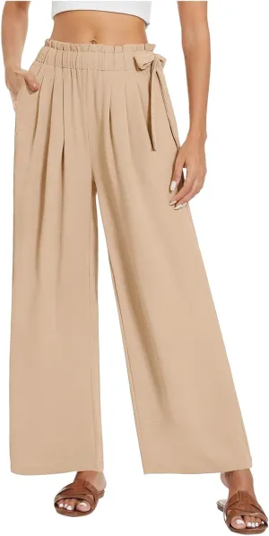 Linen Pants for Women High Waist Wide Leg Pants Loose Fit Palazzo Pants Summer Beach Trousers with Pockets