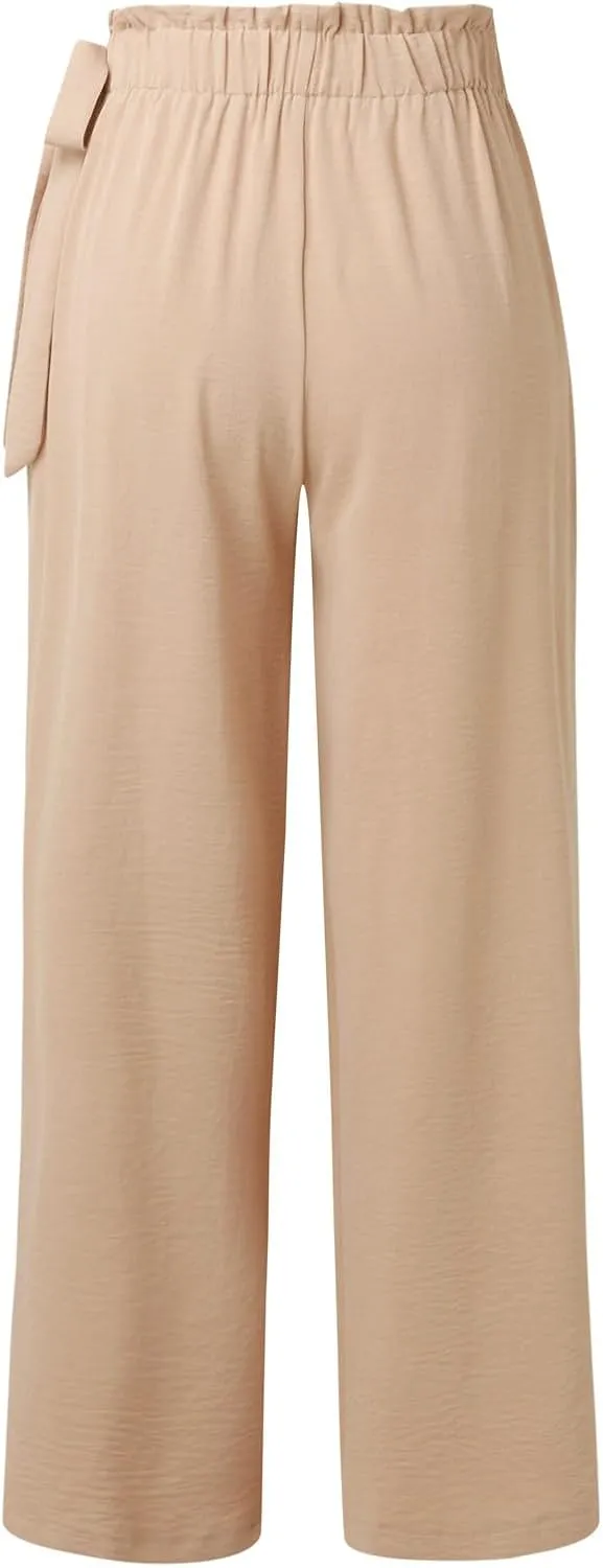 Linen Pants for Women High Waist Wide Leg Pants Loose Fit Palazzo Pants Summer Beach Trousers with Pockets