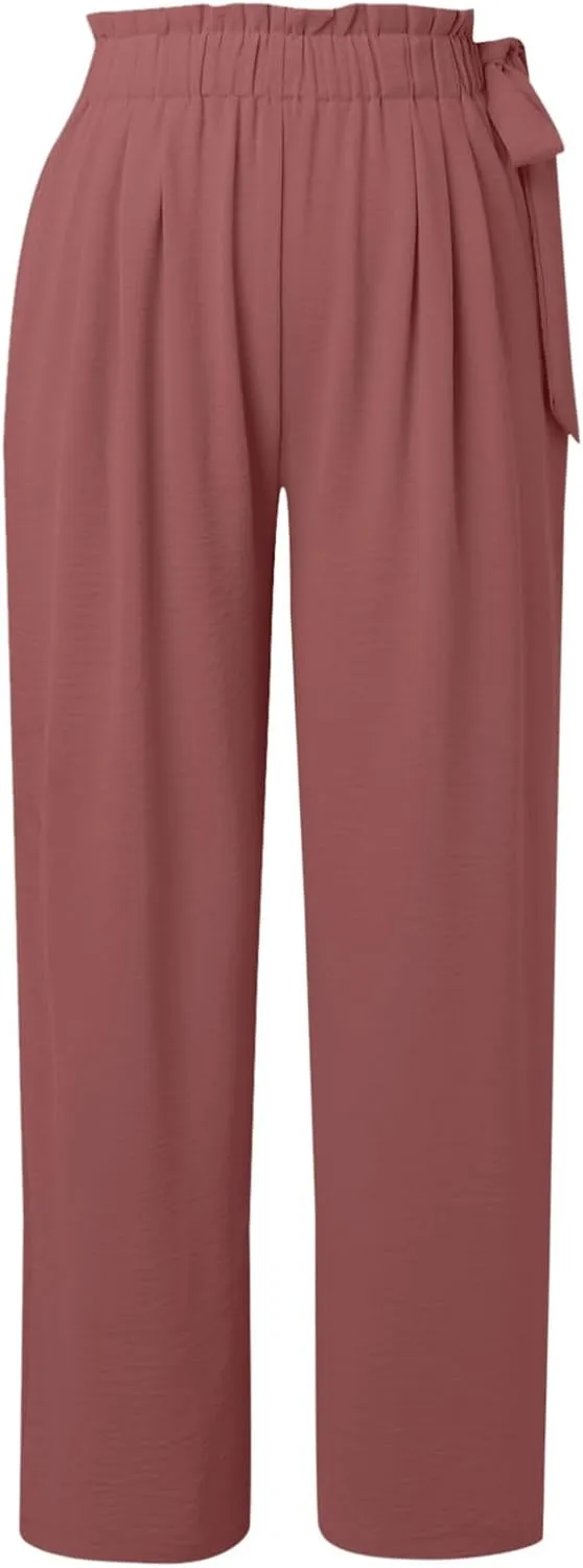 Linen Pants for Women High Waist Wide Leg Pants Loose Fit Palazzo Pants Summer Beach Trousers with Pockets