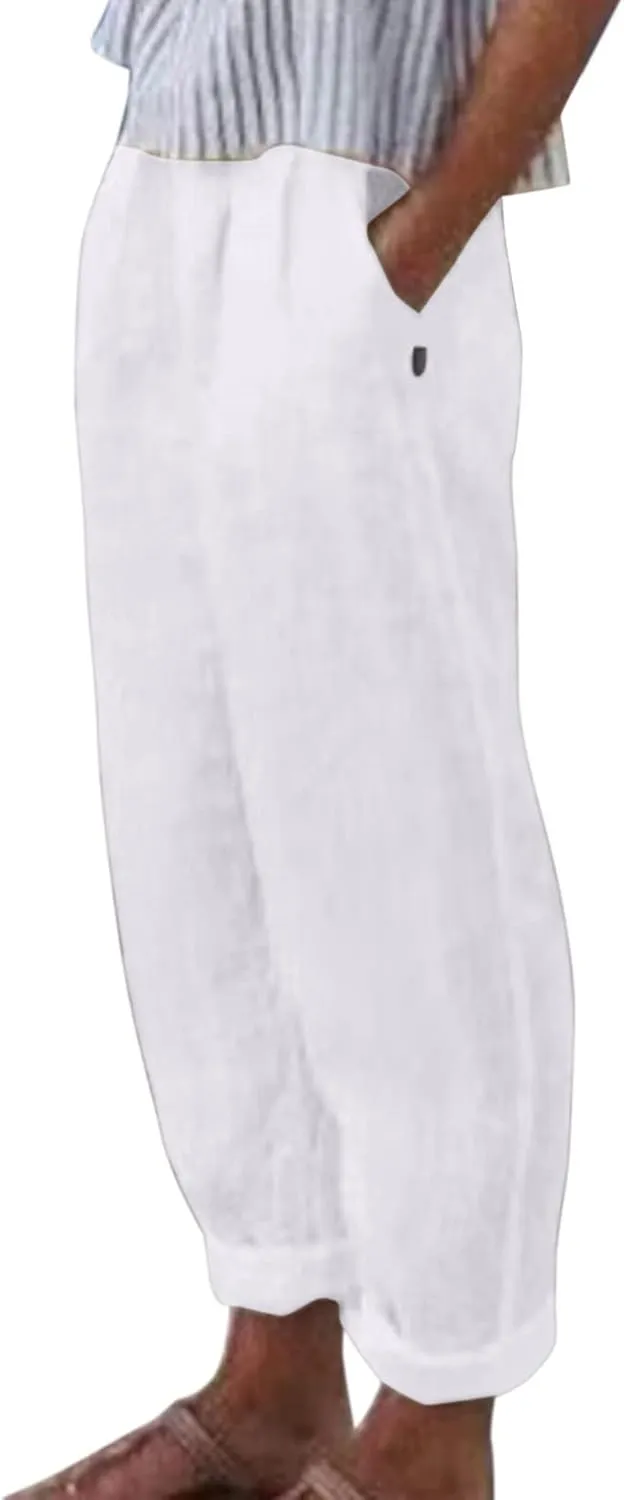 Linen Pants for Women High Waist Wide Leg Pants Loose Fit Summer Beach Pants Lightweight Long Casual Trousers Pocket