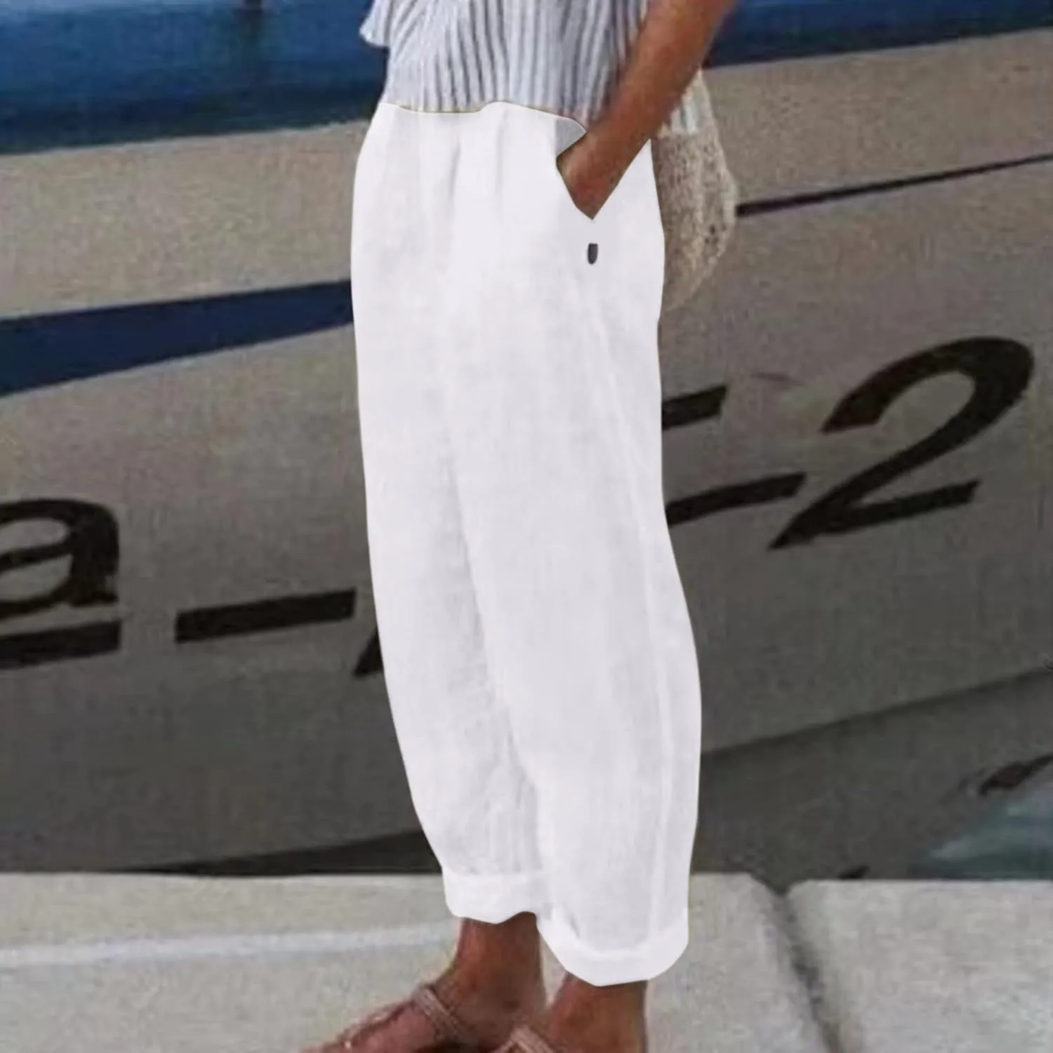Linen Pants for Women High Waist Wide Leg Pants Loose Fit Summer Beach Pants Lightweight Long Casual Trousers Pocket