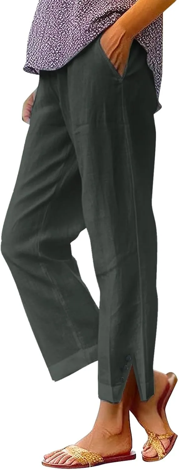 Linen Pants for Women Petite Elastic Trousers Cotton Casual Loose Linen Beach Pants Summer Vacatio Outfit