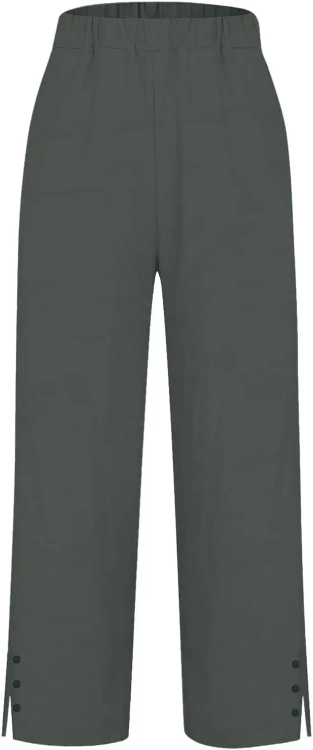 Linen Pants for Women Petite Elastic Trousers Cotton Casual Loose Linen Beach Pants Summer Vacatio Outfit