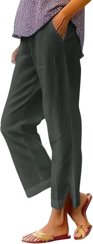 Linen Pants for Women Petite Elastic Trousers Cotton Casual Loose Linen Beach Pants Summer Vacatio Outfit