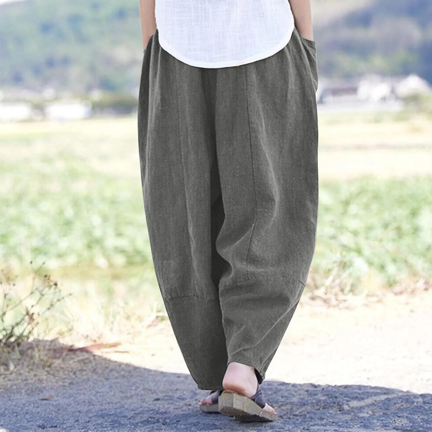 Linen Pants for Women Pleated Womens Summer Pants with Pockets Casual Elastic Waist Lantern Slacks Loose Fit Trousers