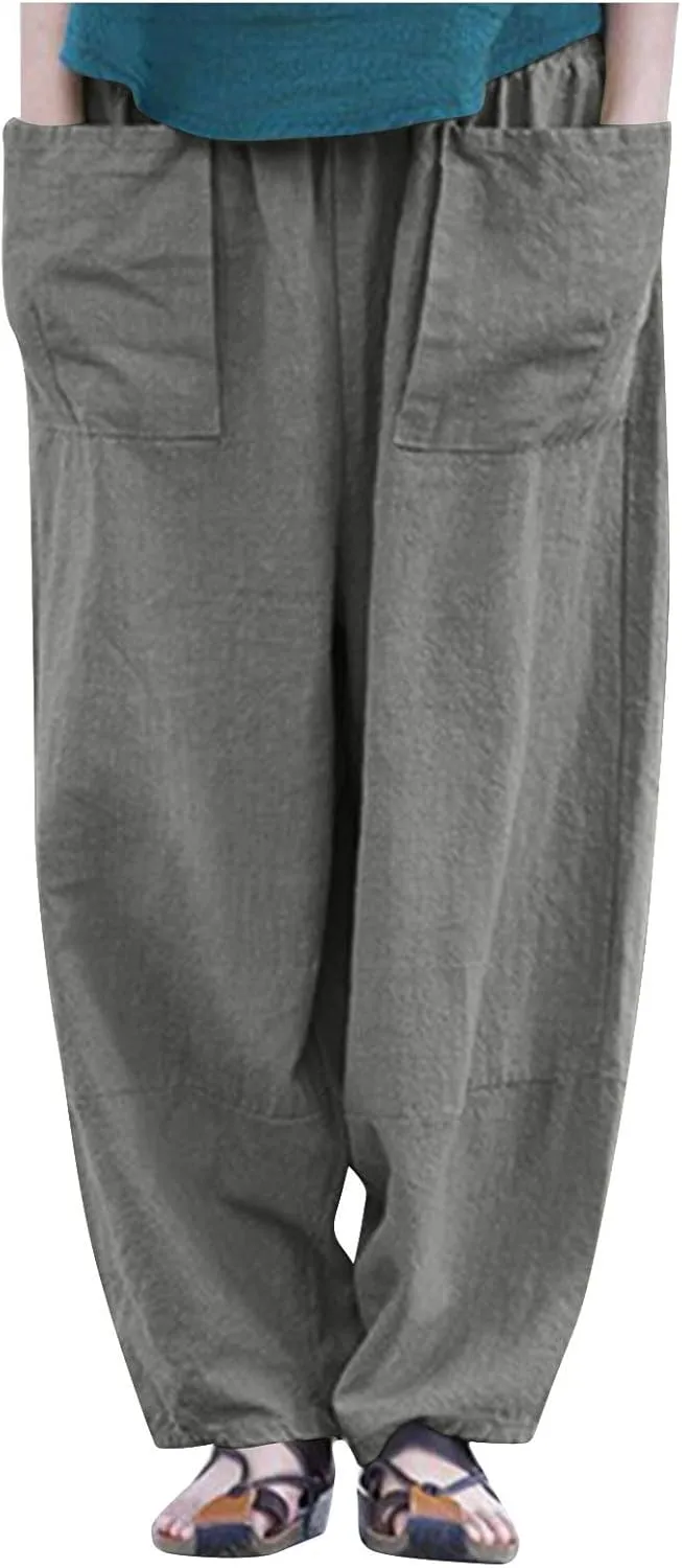 Linen Pants for Women Pleated Womens Summer Pants with Pockets Casual Elastic Waist Lantern Slacks Loose Fit Trousers