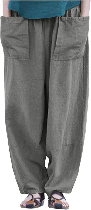 Linen Pants for Women Pleated Womens Summer Pants with Pockets Casual Elastic Waist Lantern Slacks Loose Fit Trousers
