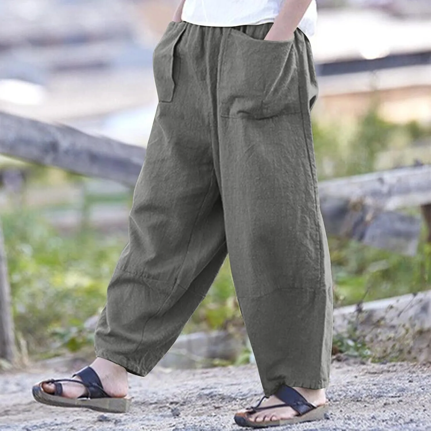 Linen Pants for Women Pleated Womens Summer Pants with Pockets Casual Elastic Waist Lantern Slacks Loose Fit Trousers
