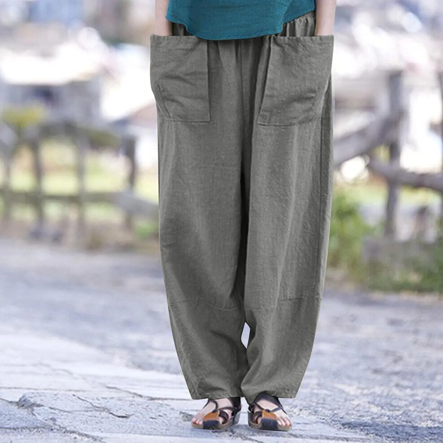 Linen Pants for Women Pleated Womens Summer Pants with Pockets Casual Elastic Waist Lantern Slacks Loose Fit Trousers