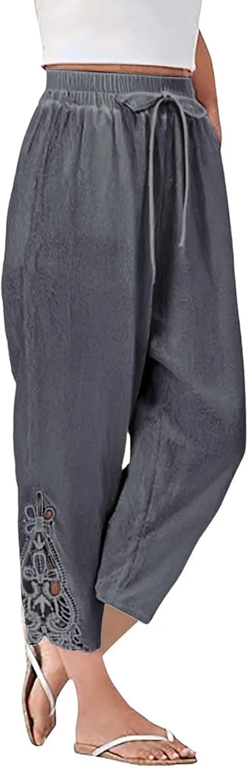 Linen Pants for Women Summer 2025 Trendy Beach Slacks Outfits Casual High Waist Pant Vintage Trousers with Pockets