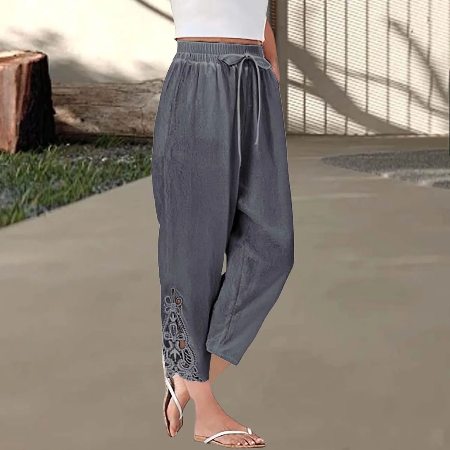 Linen Pants for Women Summer 2025 Trendy Beach Slacks Outfits Casual High Waist Pant Vintage Trousers with Pockets