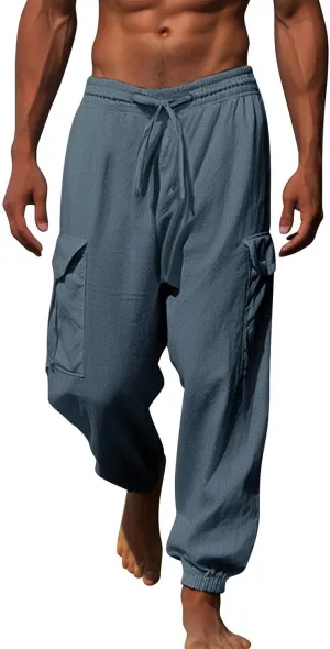 Linen Pants Mens Solid Beach Casual Tapered Pants Summer Vacation Drawstring Trousers Outdoor Plain Holiday Slacks