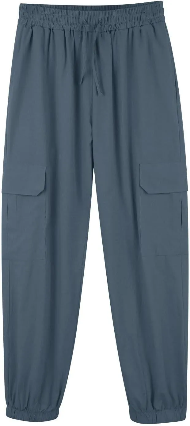 Linen Pants Mens Solid Beach Casual Tapered Pants Summer Vacation Drawstring Trousers Outdoor Plain Holiday Slacks