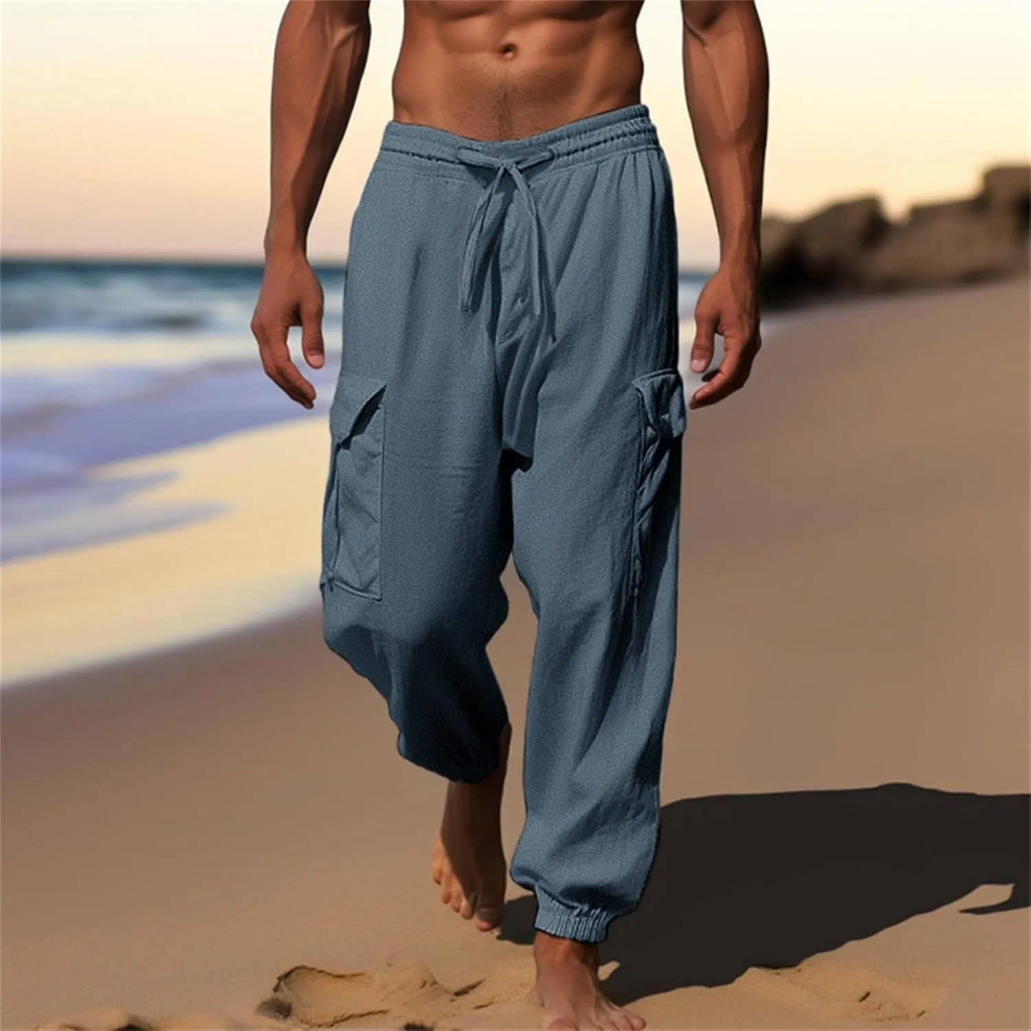 Linen Pants Mens Solid Beach Casual Tapered Pants Summer Vacation Drawstring Trousers Outdoor Plain Holiday Slacks