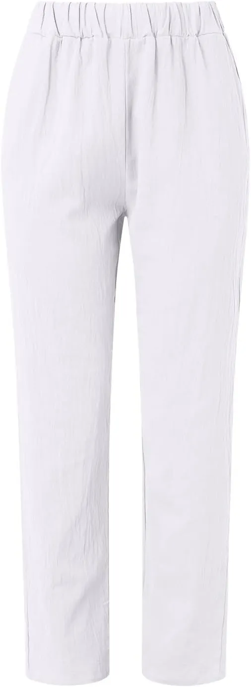 Linen Pants Women Linen Striped Elastic Waist Side Back Four Pockets 9/10 Pants Cotton Linen Casual Summer 2025 Straight
