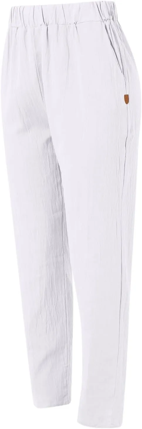 Linen Pants Women Linen Striped Elastic Waist Side Back Four Pockets 9/10 Pants Cotton Linen Casual Summer 2025 Straight
