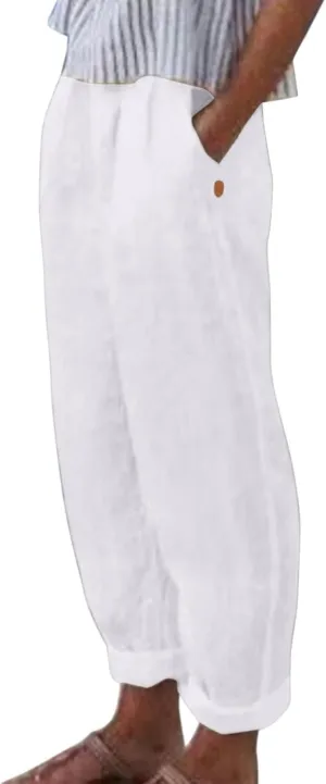 Linen Pants Women Linen Striped Elastic Waist Side Back Four Pockets 9/10 Pants Cotton Linen Casual Summer 2025 Straight