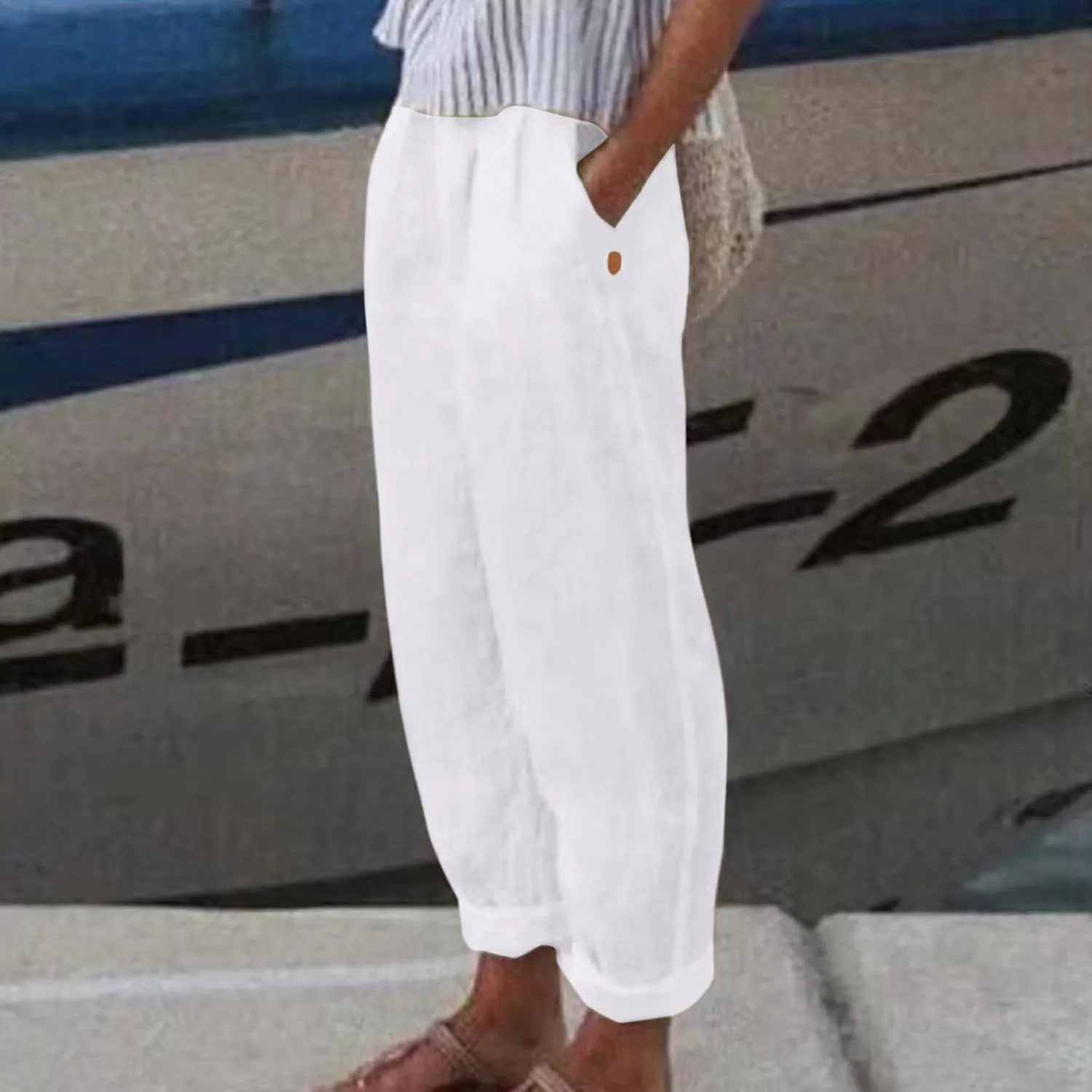 Linen Pants Women Linen Striped Elastic Waist Side Back Four Pockets 9/10 Pants Cotton Linen Casual Summer 2025 Straight