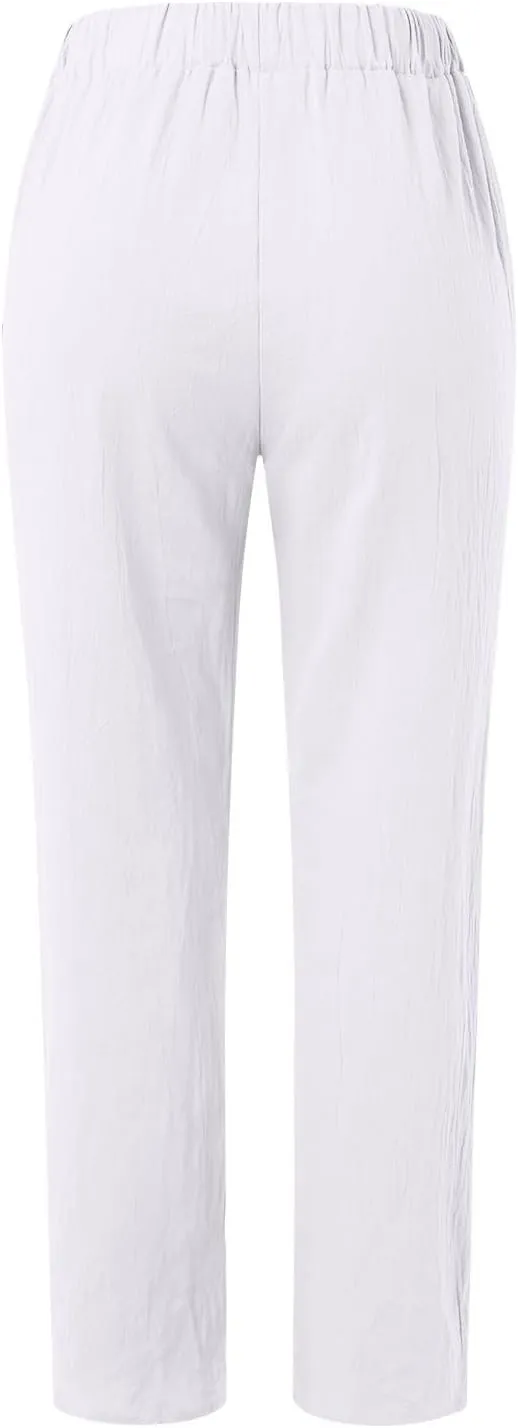 Linen Pants Women Linen Striped Elastic Waist Side Back Four Pockets 9/10 Pants Cotton Linen Casual Summer 2025 Straight