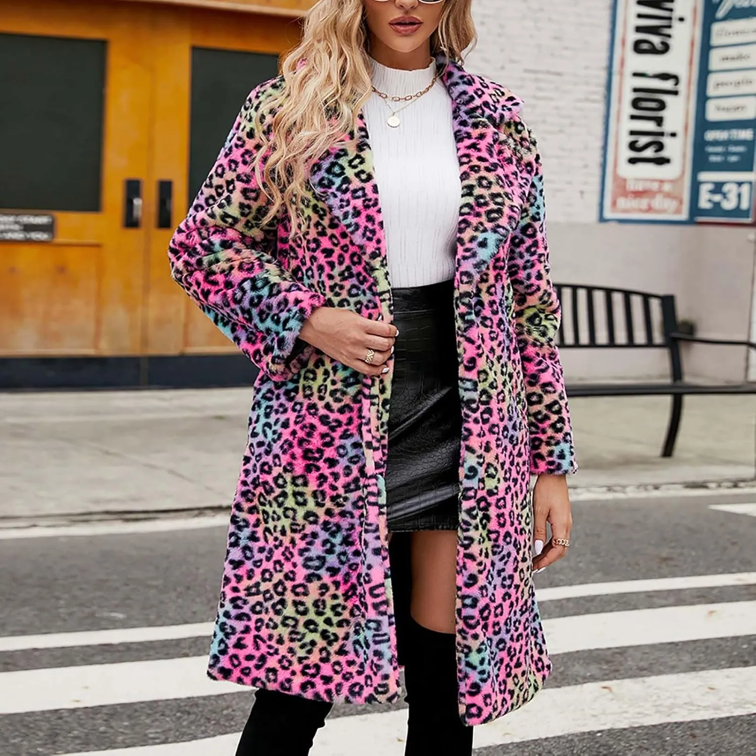 Lmdudan 2023 Winter Faux Fur Coat for Women Leopard Print Fleece Long Jacket Retro Lapel Warm Overcoat Plus Size Trench Coats