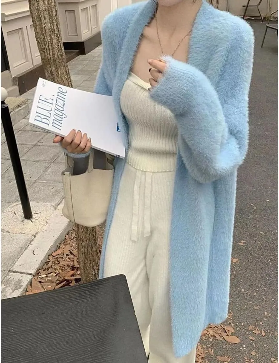 Long Fuzzy Cardigan Oversized Open Front Mohair Sweater Women Soft Cozy Warm Cardigan Trendy Coquette Loungewear