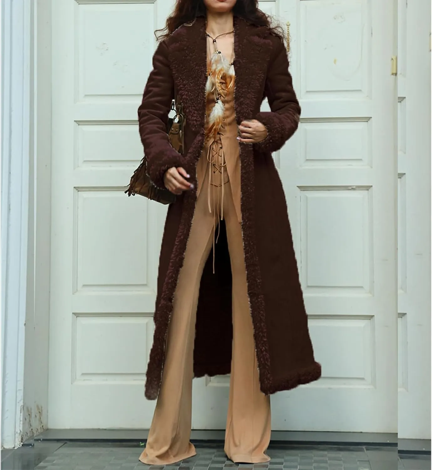 Long Winter Coats for Women Faux Suede Leather Shearing Jacket Fuzzy Sherpa Lined Trench Coat Business Casual Overcoat