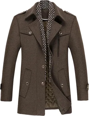 Maiyifu-GJ Men Stylish Scarf Single Breasted Wool Blend Coat Thick Winter Warm Slim Fit Coat Business Top Trench Overcoat