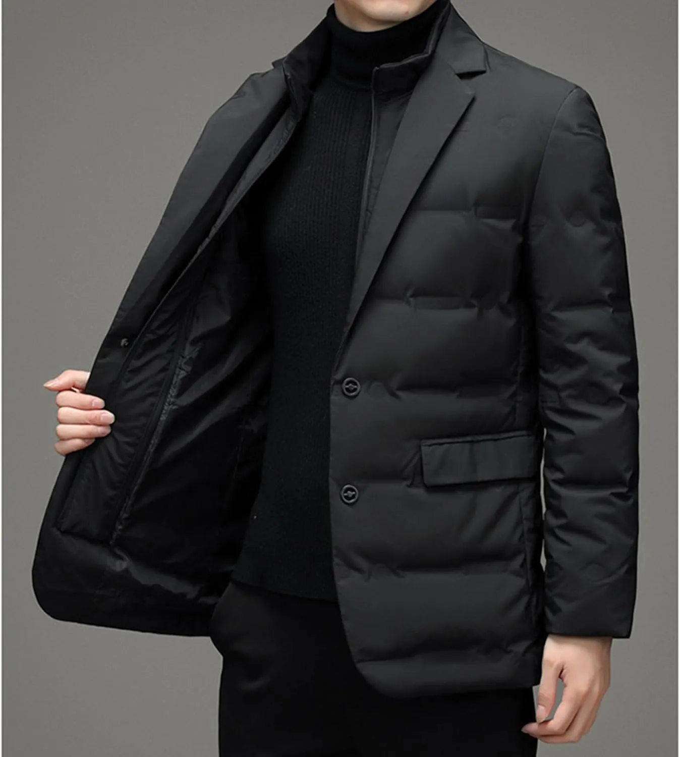 Maiyifu-GJ Men's Business Casual Down Jacket Suit Lapel Double Pockets Windbreaker Winter Warm Slim Puffer Jacket
