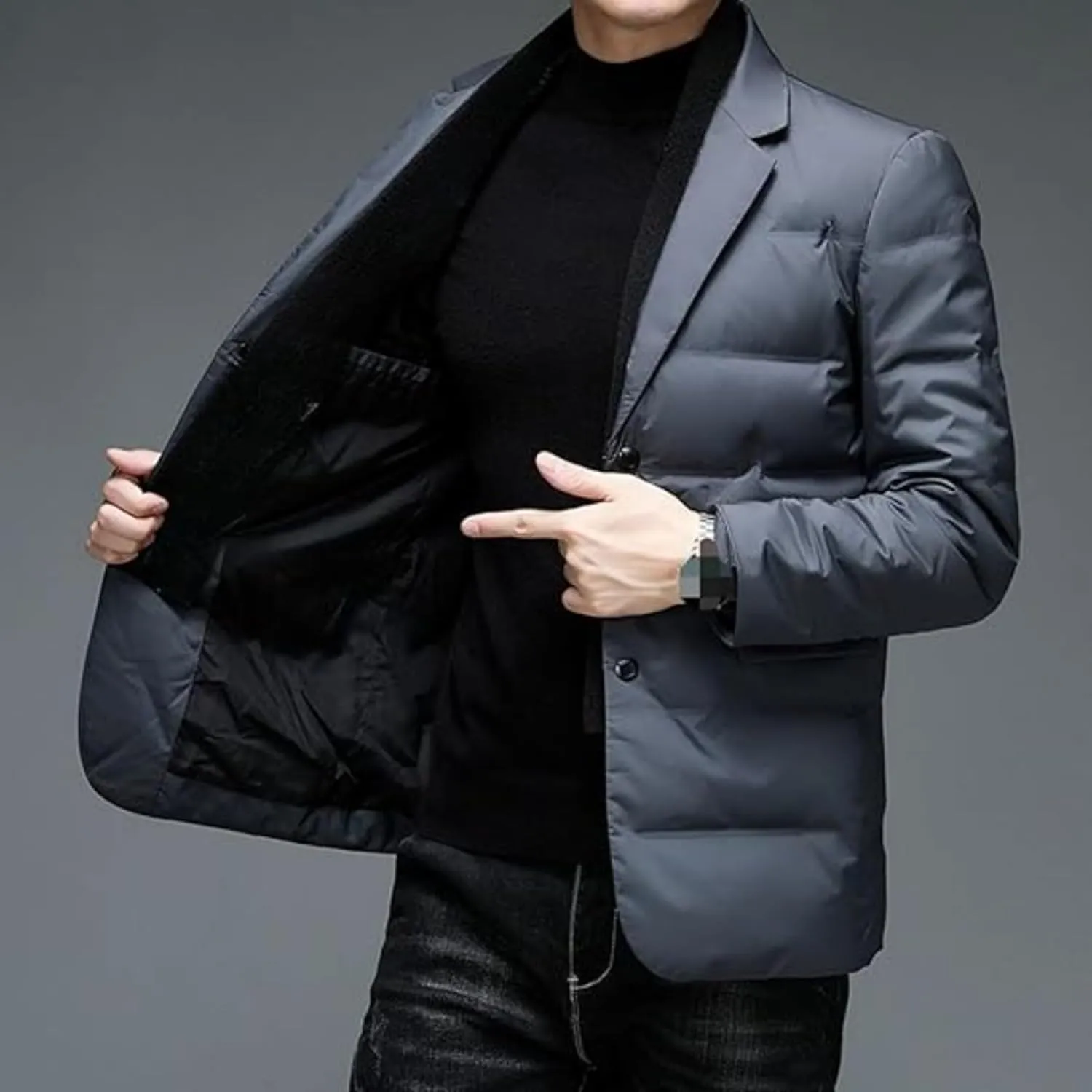 Maiyifu-GJ Men's Business Casual Down Jacket Suit Lapel Double Pockets Windbreaker Winter Warm Slim Puffer Jacket