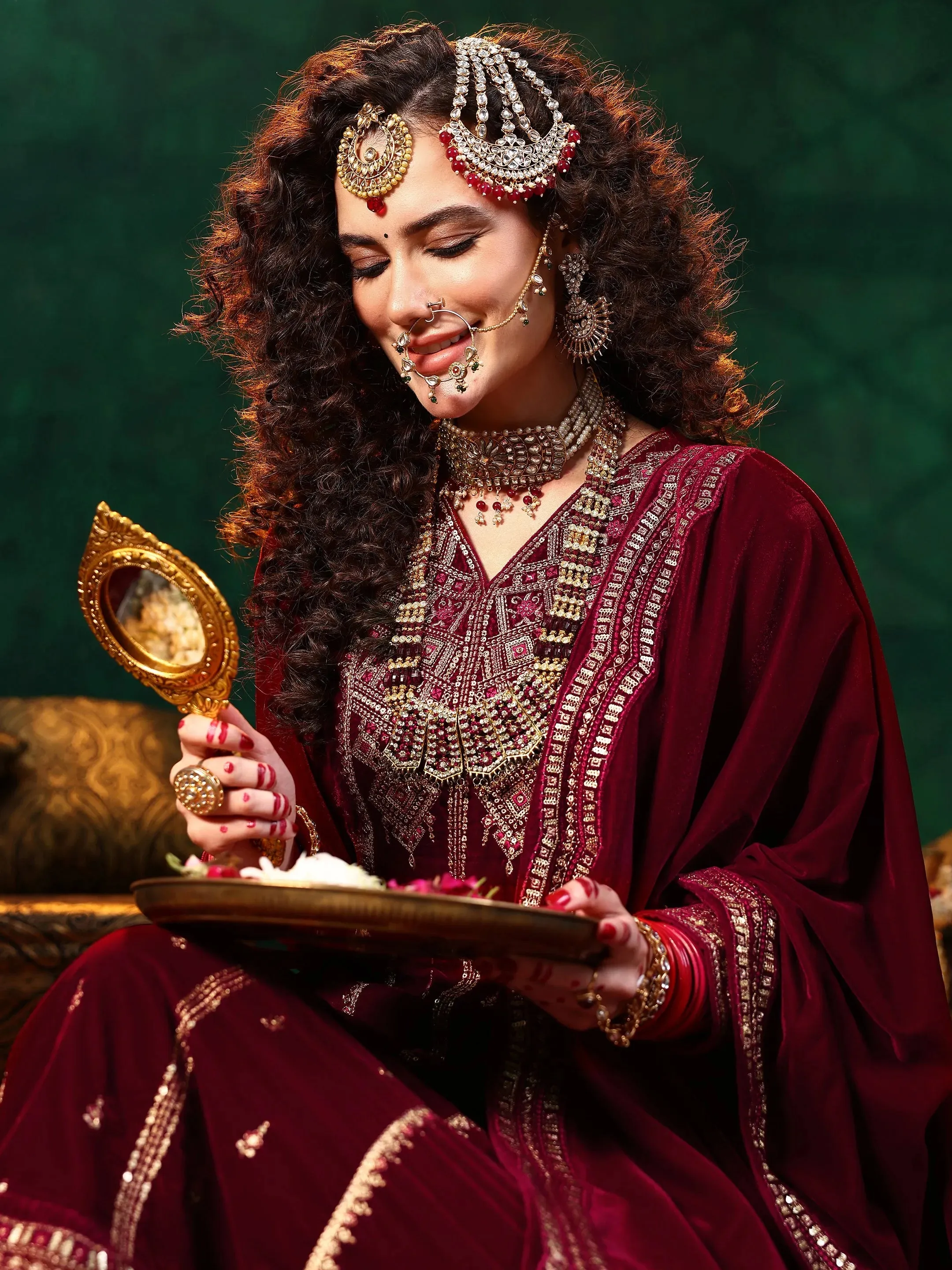 Maroon Embroidered Velvet A-line Kurta  With Trousers & Dupatta