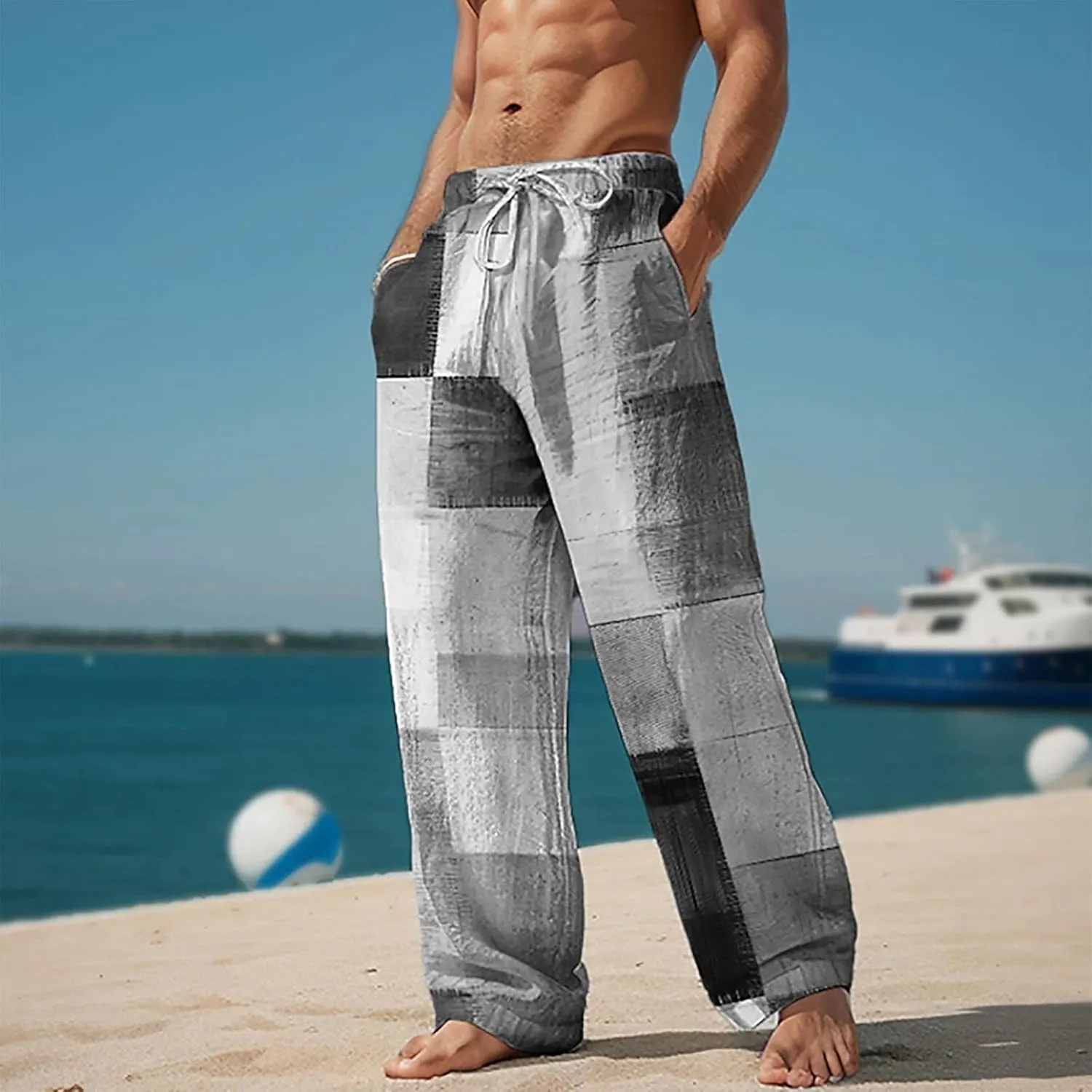 Men Casual Pants Funny Print Slacks Open Bottom Outdoor Vacation Pants Baggy Beach Straight Leg Trousers for Summer