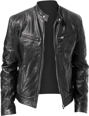 Men Faux Leather Zip Up Jacket Stand Collar Leather Motorcycle Jacket Lightweight Bomber Outwear PU Coat with Pockets