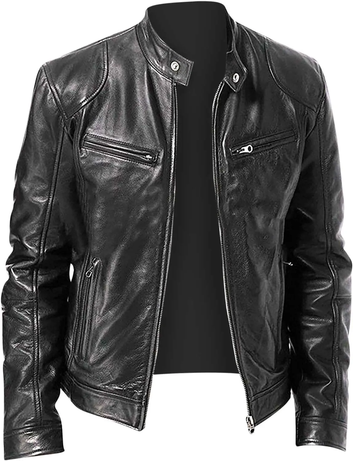 Men Faux Leather Zip Up Jacket Stand Collar Leather Motorcycle Jacket Lightweight Bomber Outwear PU Coat with Pockets