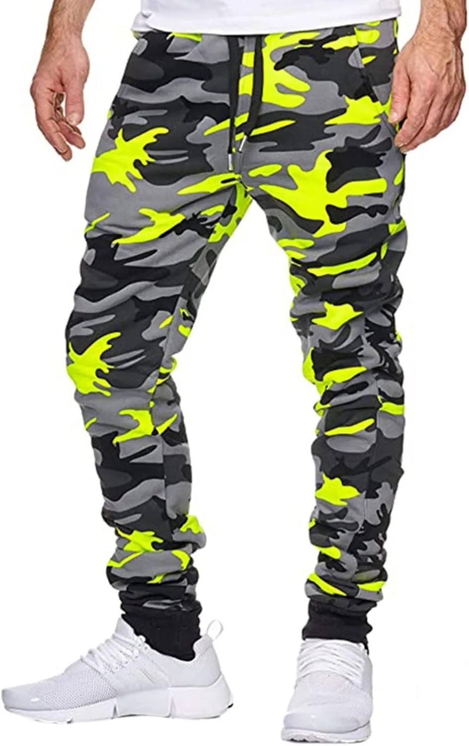 Mens Camo Drawstring Cargo Pants Casual Stretch Sweatpants Athletic Running Tactical Military Trousers with Pockets