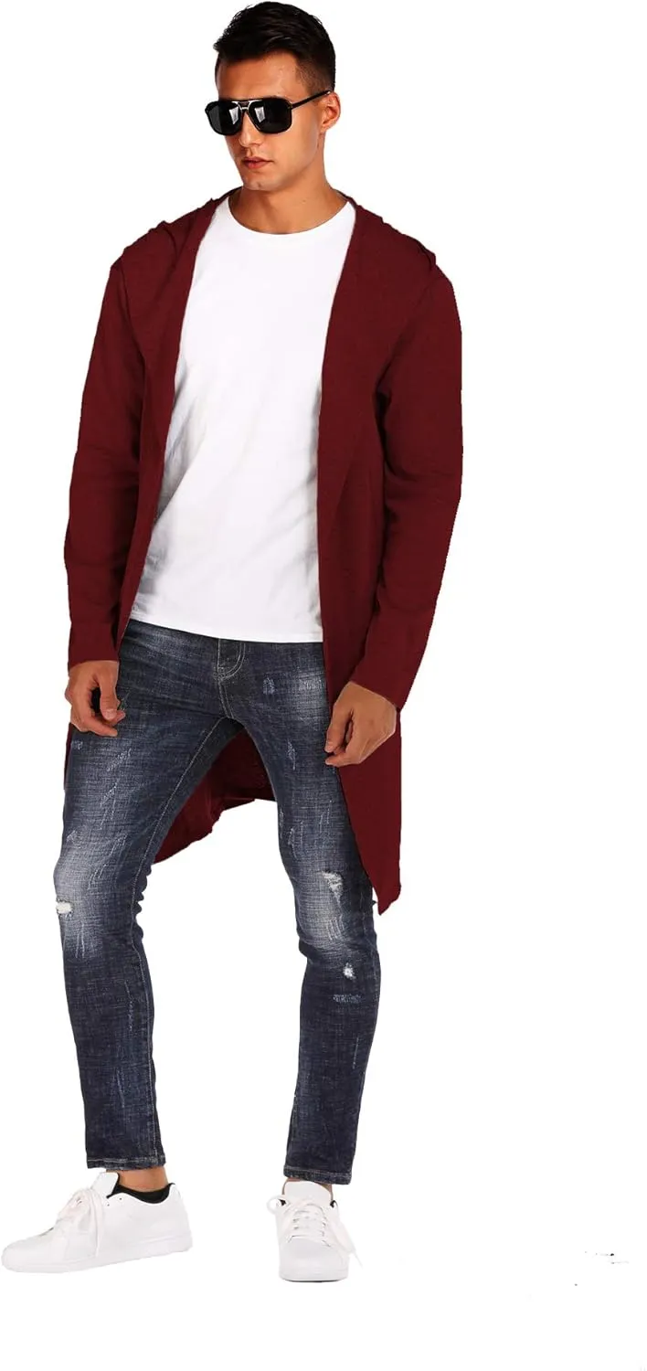 Mens Cardigan Long Open Front Draped Lightweight Hooded Sweater with Pockets