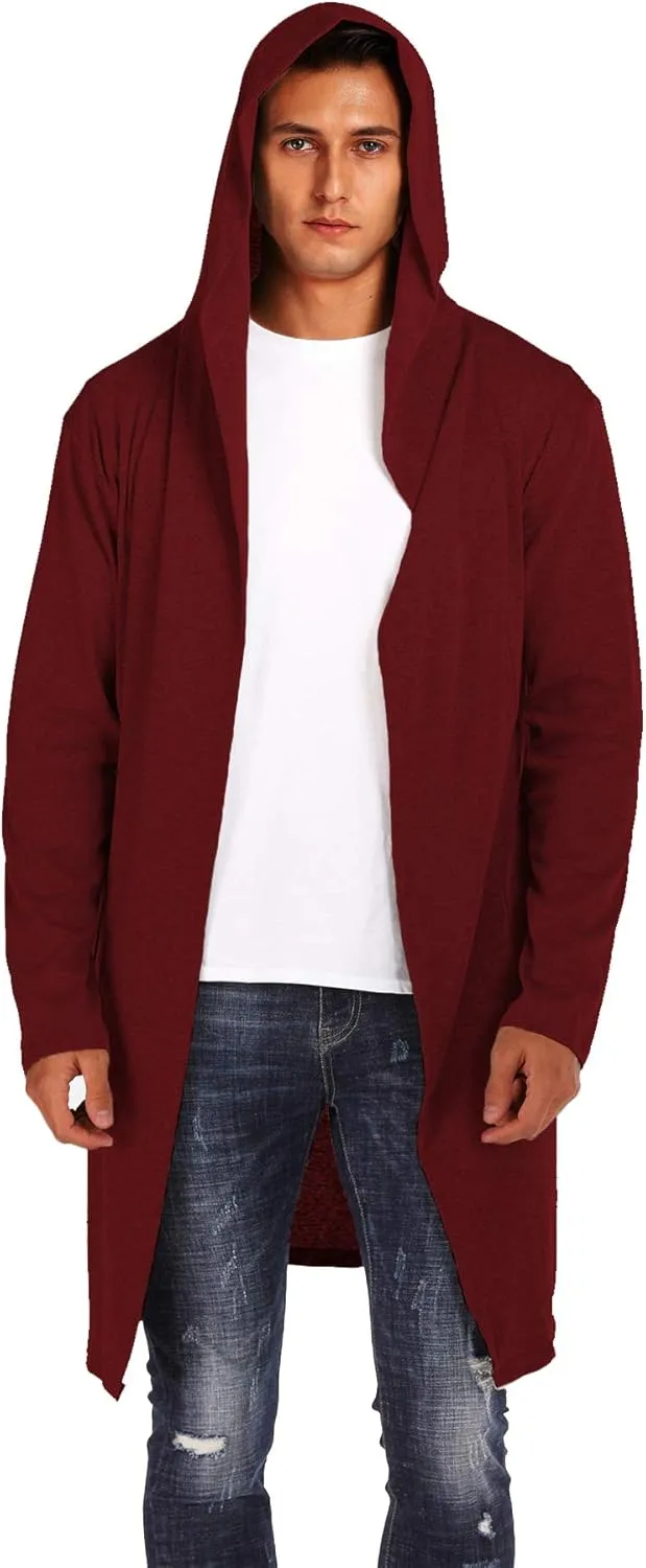 Mens Cardigan Long Open Front Draped Lightweight Hooded Sweater with Pockets