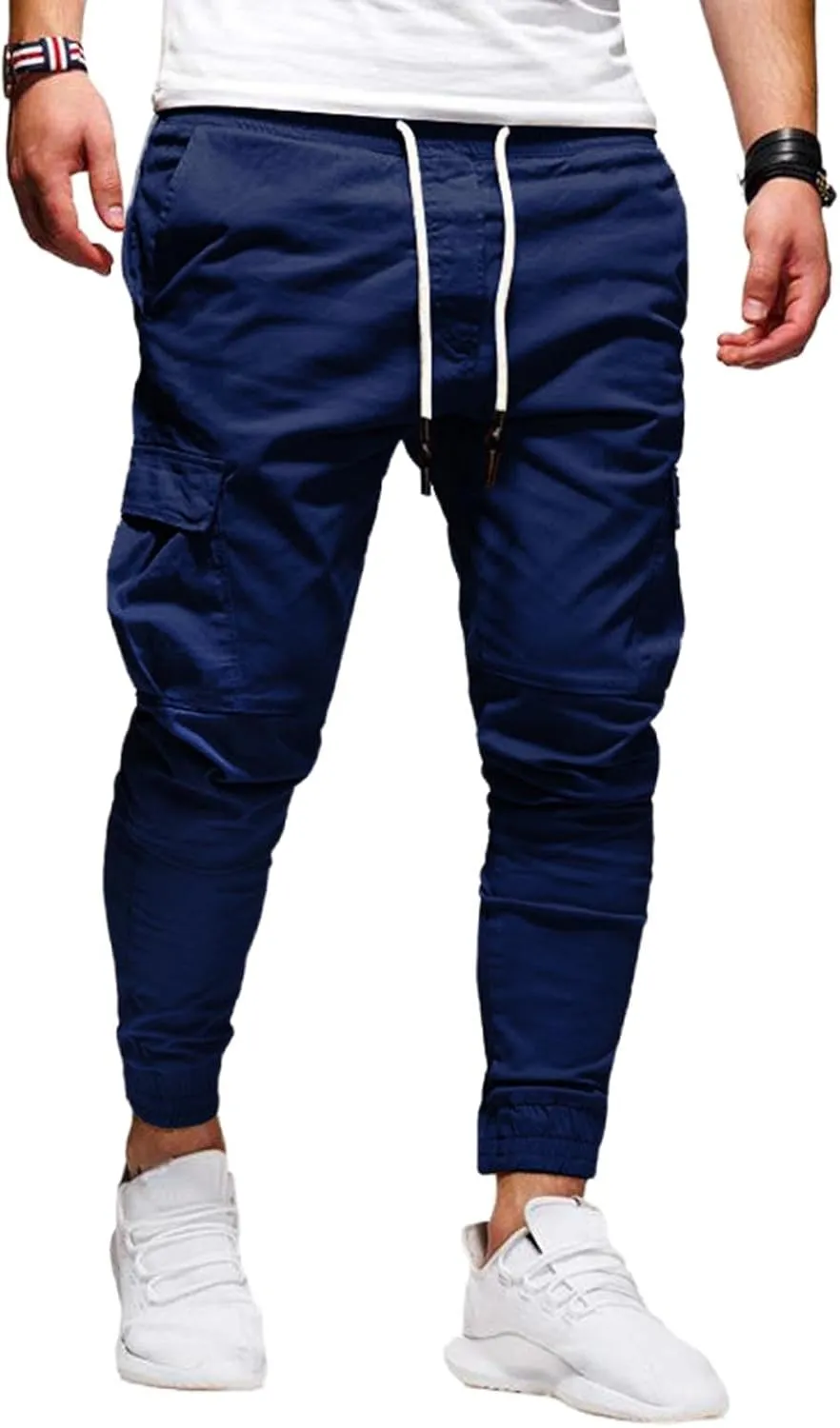 Mens Cargo Pants Casual Elastic Waist Joggers Sweatpants Slim Fit Workout Athletic Fashion Trousers for Mens