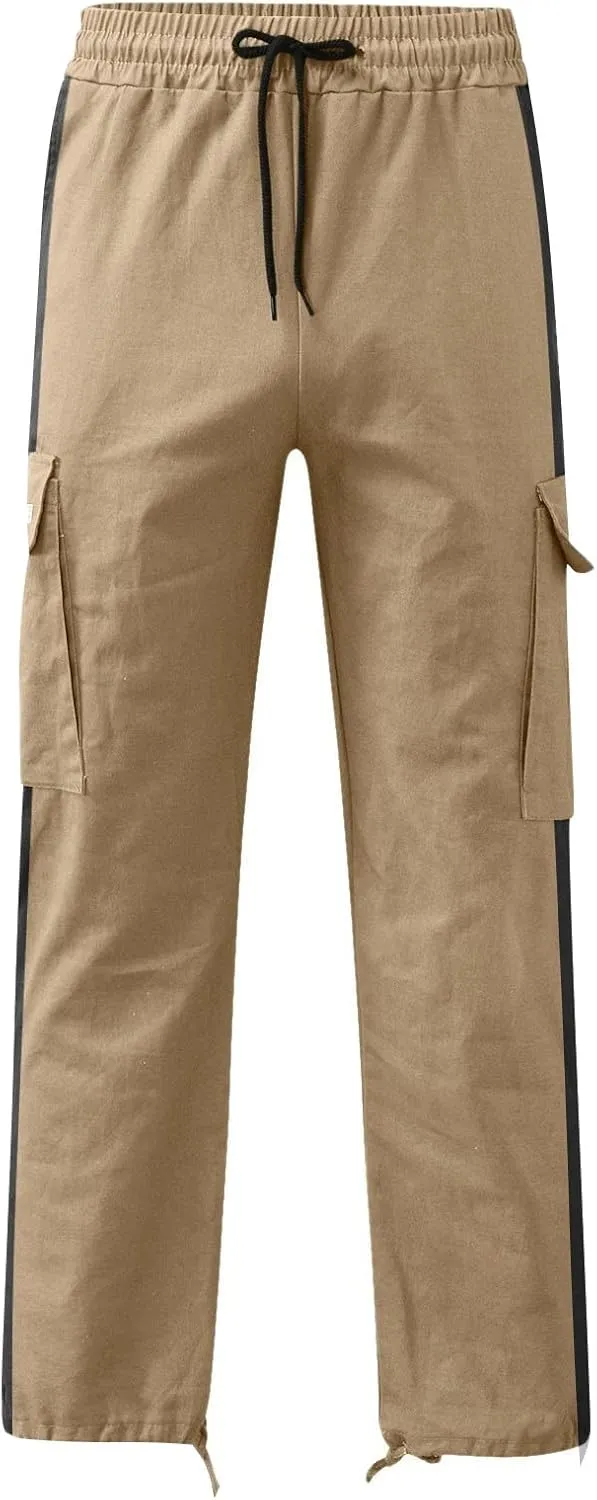Mens Casual Cargo Pants Stretch Elastic Waist Drawstring Joggers Pants Tapered Sweatpants for Men Multi Pockets