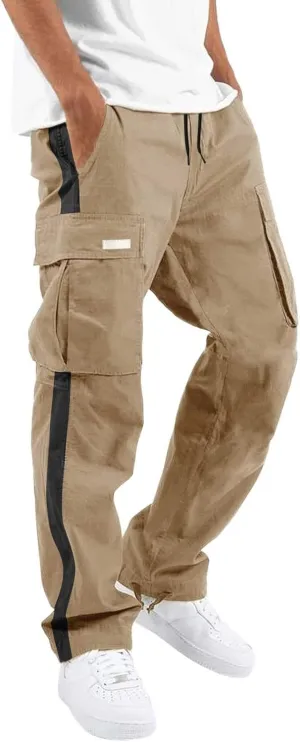 Mens Casual Cargo Pants Stretch Elastic Waist Drawstring Joggers Pants Tapered Sweatpants for Men Multi Pockets