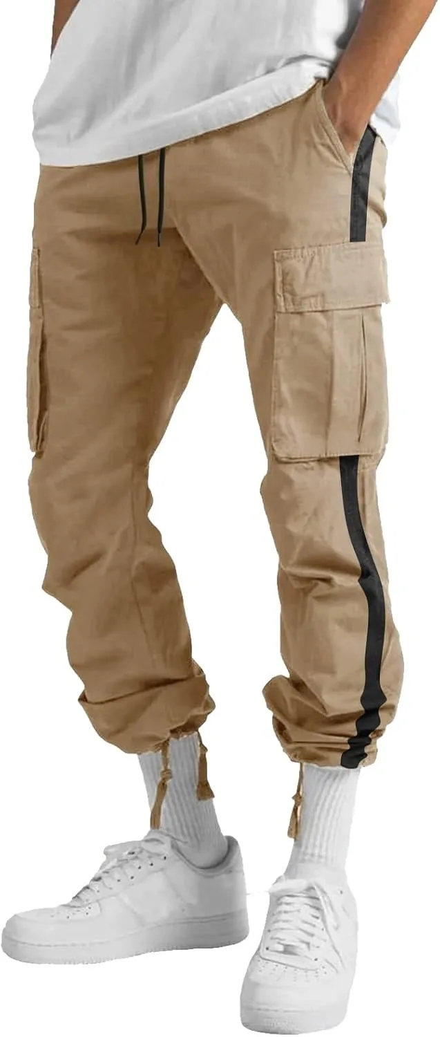 Mens Casual Cargo Pants Stretch Elastic Waist Drawstring Joggers Pants Tapered Sweatpants for Men Multi Pockets