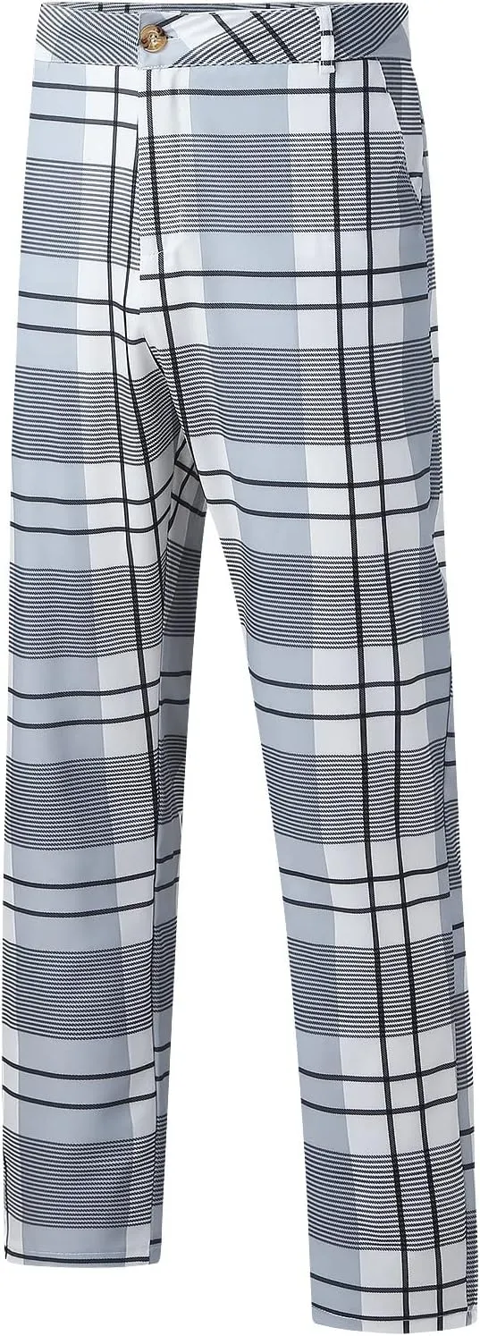 Men's Casual Plaid Dress Pants Stretch Flat-Front Suit Pant Slim Fit Ankle Length Pencil Tapered Trousers with Pockets