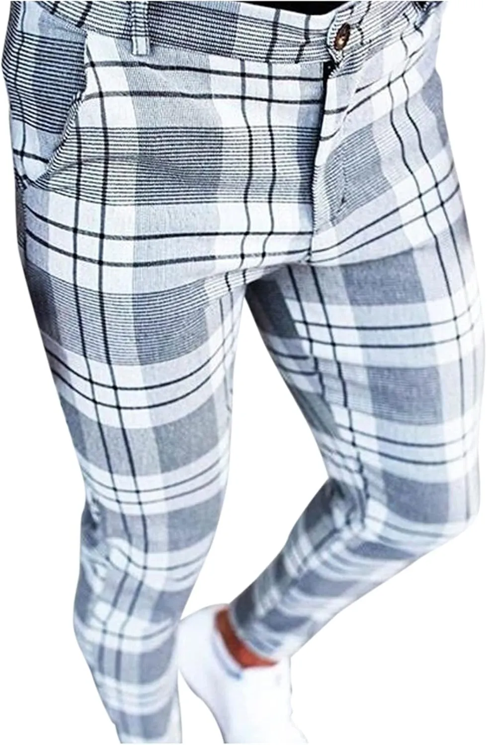 Men's Casual Plaid Dress Pants Stretch Flat-Front Suit Pant Slim Fit Ankle Length Pencil Tapered Trousers with Pockets