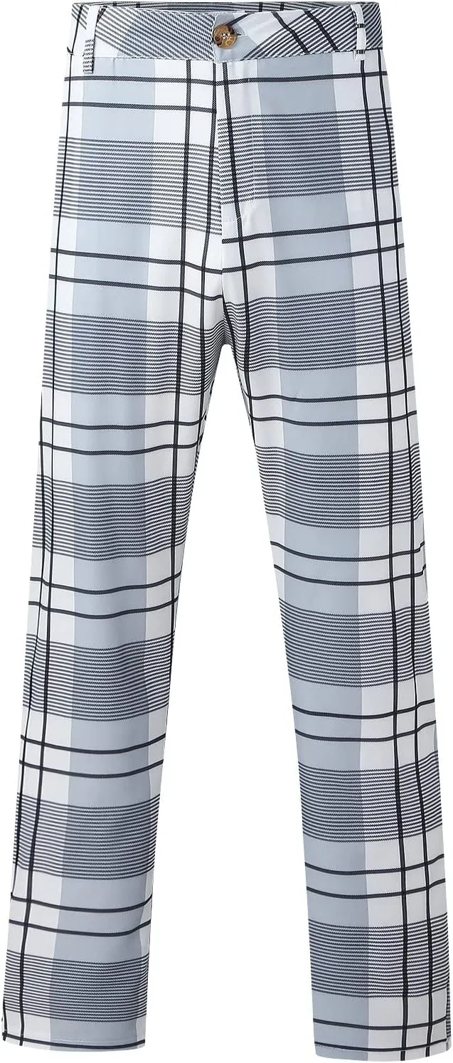 Men's Casual Plaid Dress Pants Stretch Flat-Front Suit Pant Slim Fit Ankle Length Pencil Tapered Trousers with Pockets