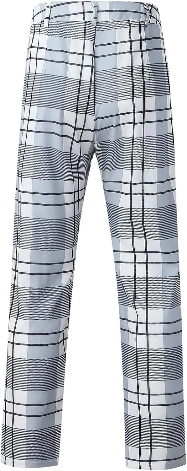 Men's Casual Plaid Dress Pants Stretch Flat-Front Suit Pant Slim Fit Ankle Length Pencil Tapered Trousers with Pockets