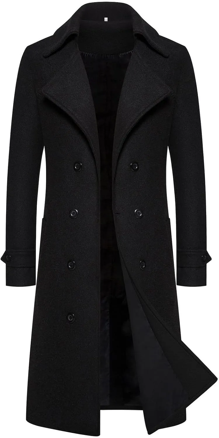 Men's Casual Slim Fit Long Jacket Trench Wool Blend Winter Overcoat with Pockets